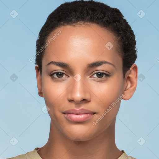 Joyful latino young-adult female with short  brown hair and brown eyes