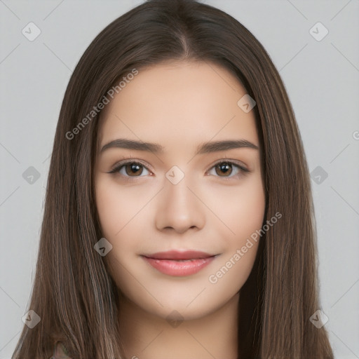 Neutral white young-adult female with long  brown hair and brown eyes