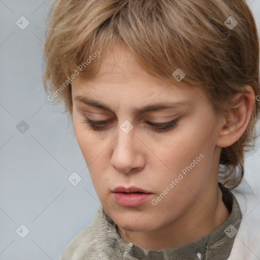 Neutral white young-adult female with medium  brown hair and brown eyes