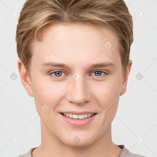 Joyful white young-adult female with short  brown hair and grey eyes