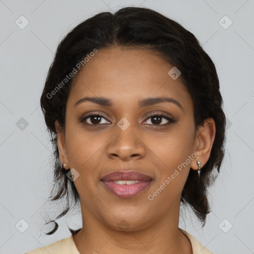 Joyful black young-adult female with medium  black hair and brown eyes