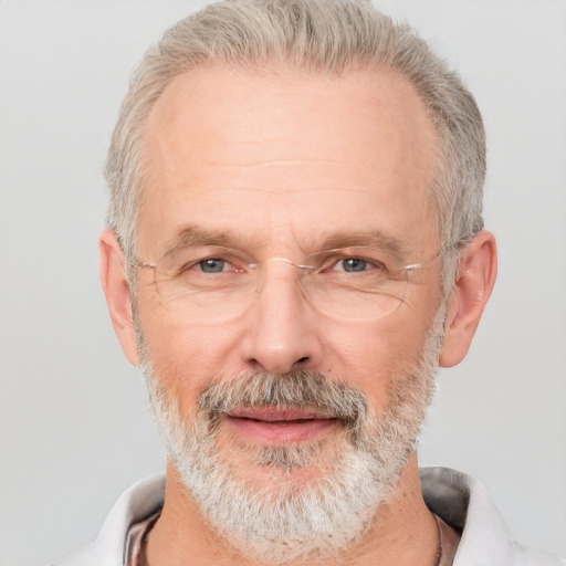 Neutral white middle-aged male with short  gray hair and brown eyes