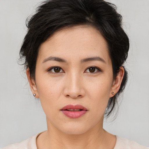 Neutral asian young-adult female with medium  brown hair and brown eyes