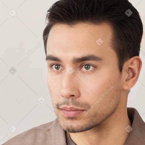 Neutral white young-adult male with short  brown hair and brown eyes