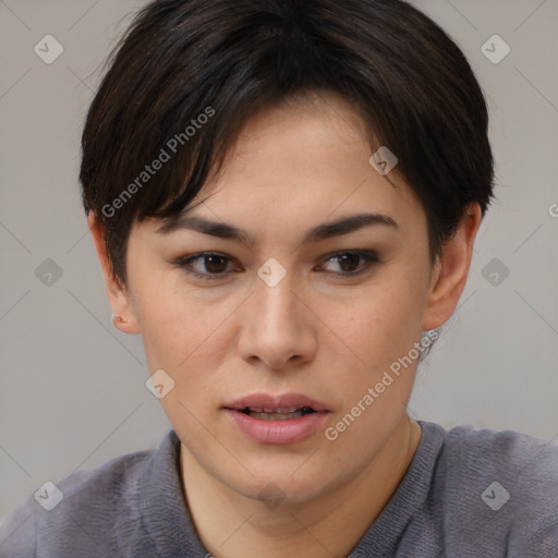 Neutral white young-adult female with medium  brown hair and brown eyes