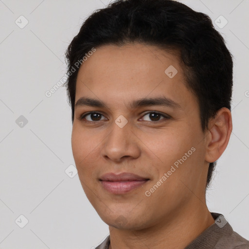 Joyful latino young-adult female with short  brown hair and brown eyes