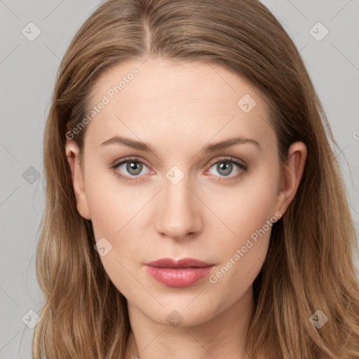 Neutral white young-adult female with long  brown hair and grey eyes