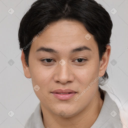 Joyful latino young-adult female with short  brown hair and brown eyes