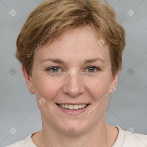 Joyful white young-adult female with short  brown hair and grey eyes