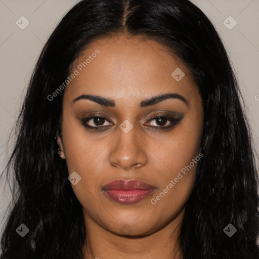Joyful latino young-adult female with long  black hair and brown eyes