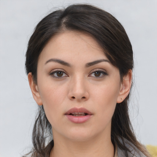 Neutral asian young-adult female with long  brown hair and brown eyes