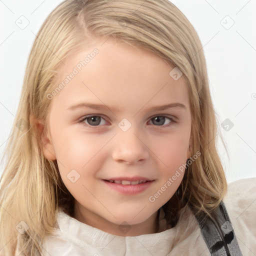 Joyful white child female with medium  brown hair and brown eyes