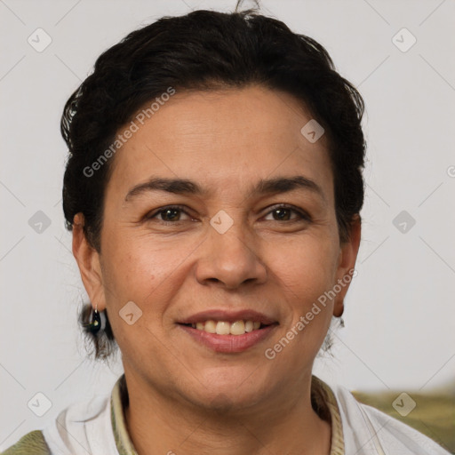 Joyful white adult female with short  brown hair and brown eyes