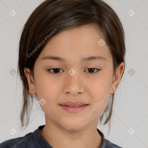 Joyful white child female with medium  brown hair and brown eyes