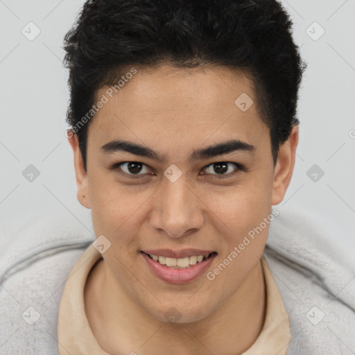 Joyful latino young-adult female with short  brown hair and brown eyes