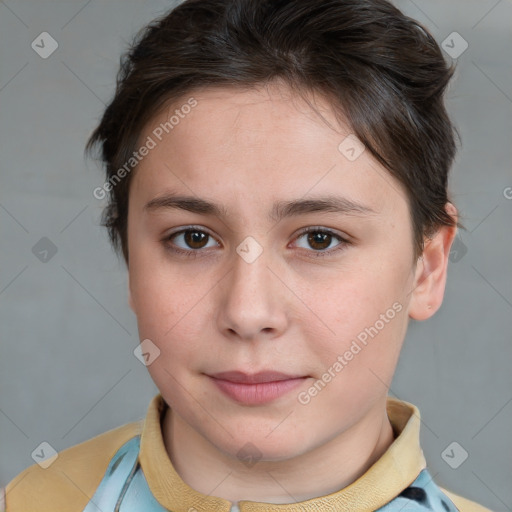 Neutral white young-adult female with short  brown hair and brown eyes