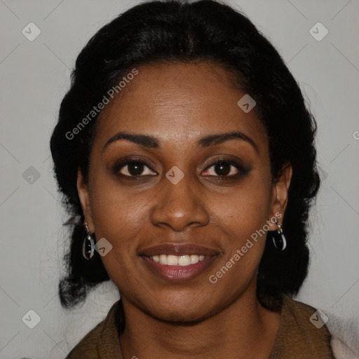 Joyful black young-adult female with medium  black hair and brown eyes