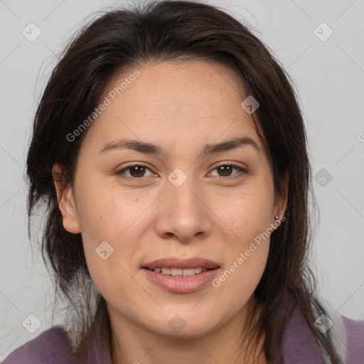 Joyful white adult female with medium  brown hair and brown eyes