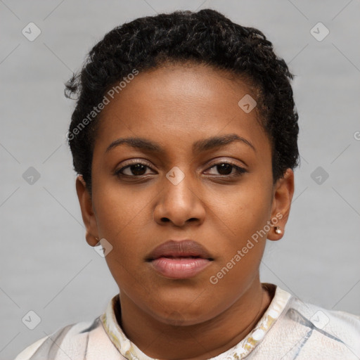 Neutral black young-adult female with short  brown hair and brown eyes