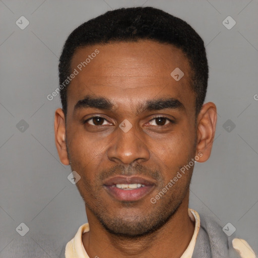 Joyful latino young-adult male with short  black hair and brown eyes