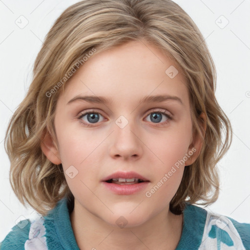 Neutral white child female with medium  brown hair and blue eyes