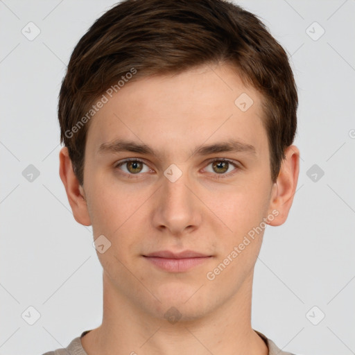 Neutral white young-adult male with short  brown hair and brown eyes