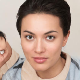 Neutral white young-adult female with medium  brown hair and brown eyes