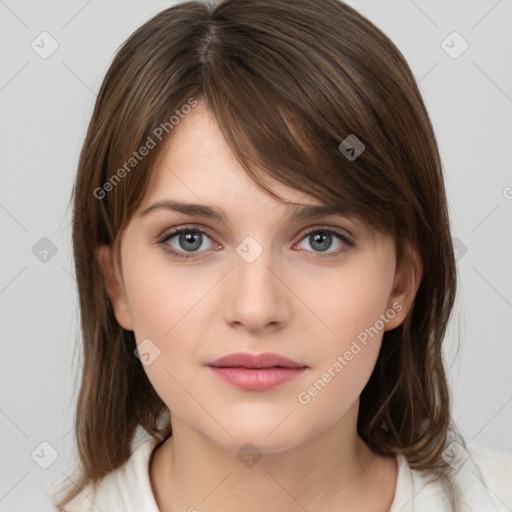 Neutral white young-adult female with medium  brown hair and brown eyes