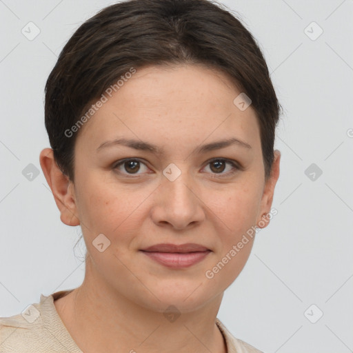 Joyful white young-adult female with short  brown hair and grey eyes