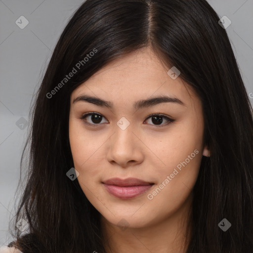 Joyful asian young-adult female with long  brown hair and brown eyes