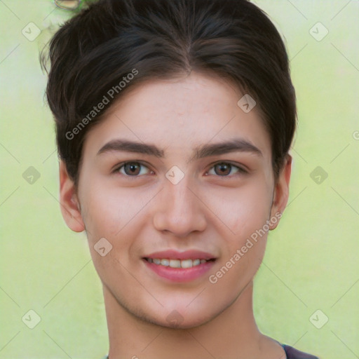 Joyful white young-adult female with short  brown hair and brown eyes