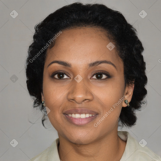 Joyful black young-adult female with medium  black hair and brown eyes