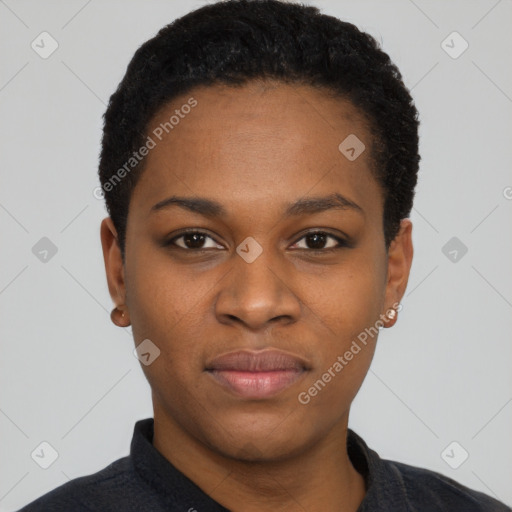 Neutral black young-adult female with short  black hair and brown eyes