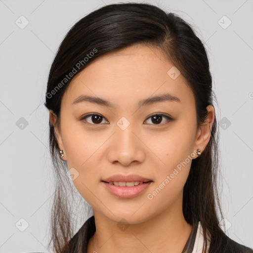 Joyful white young-adult female with medium  brown hair and brown eyes