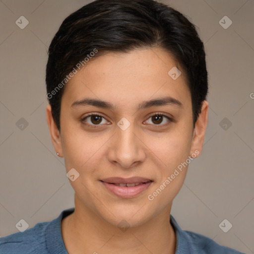 Joyful white young-adult female with short  brown hair and brown eyes