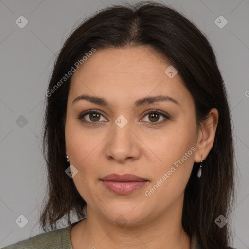 Joyful white adult female with medium  brown hair and brown eyes