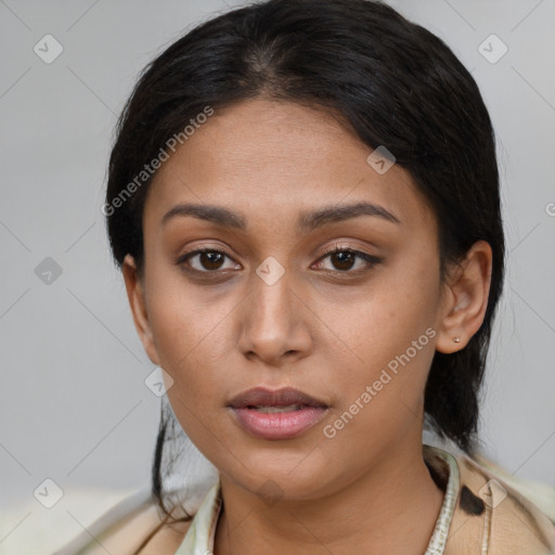 Neutral white young-adult female with medium  brown hair and brown eyes