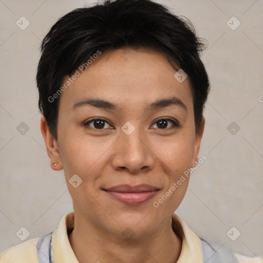 Joyful asian young-adult female with short  brown hair and brown eyes