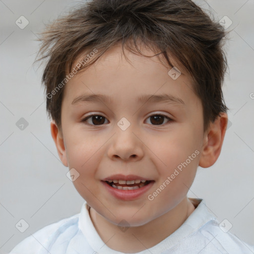 Joyful white child male with short  brown hair and brown eyes