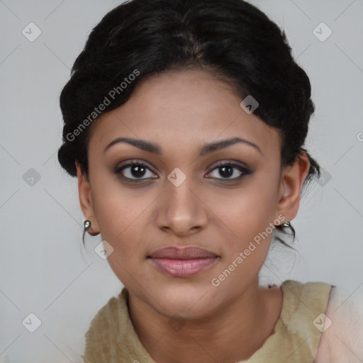 Joyful black young-adult female with medium  brown hair and brown eyes