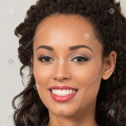 Joyful latino young-adult female with long  brown hair and brown eyes