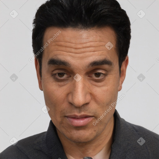 Neutral asian adult male with short  black hair and brown eyes