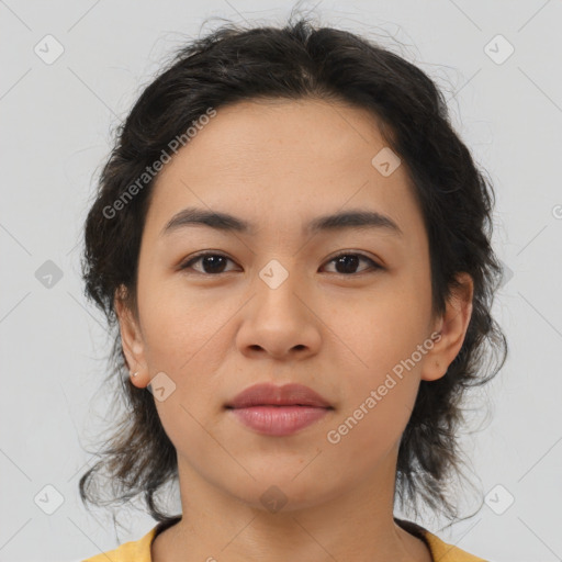 Neutral asian young-adult female with medium  brown hair and brown eyes