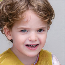 Joyful white child female with short  brown hair and grey eyes