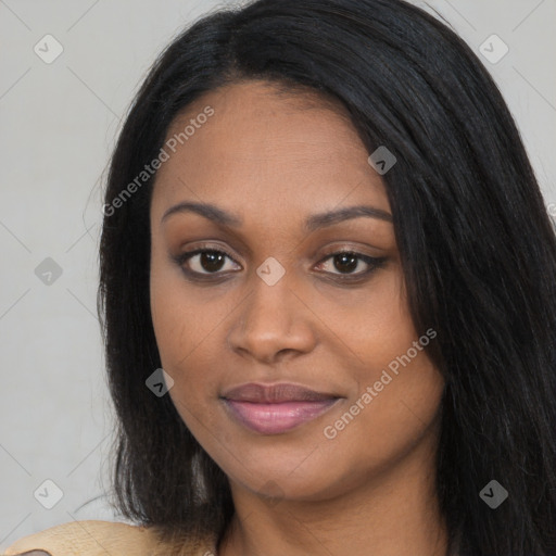 Joyful asian young-adult female with long  black hair and brown eyes