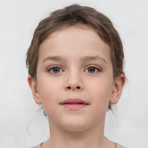 Neutral white child female with medium  brown hair and grey eyes