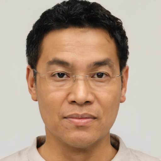 Joyful asian adult male with short  black hair and brown eyes