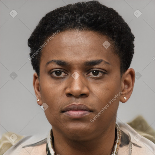 Neutral latino young-adult female with short  brown hair and brown eyes