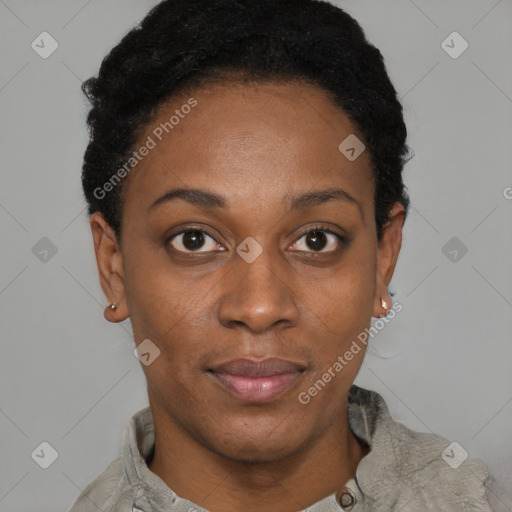 Neutral black young-adult female with short  black hair and brown eyes