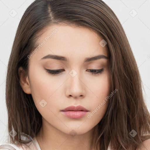 Neutral white young-adult female with long  brown hair and brown eyes